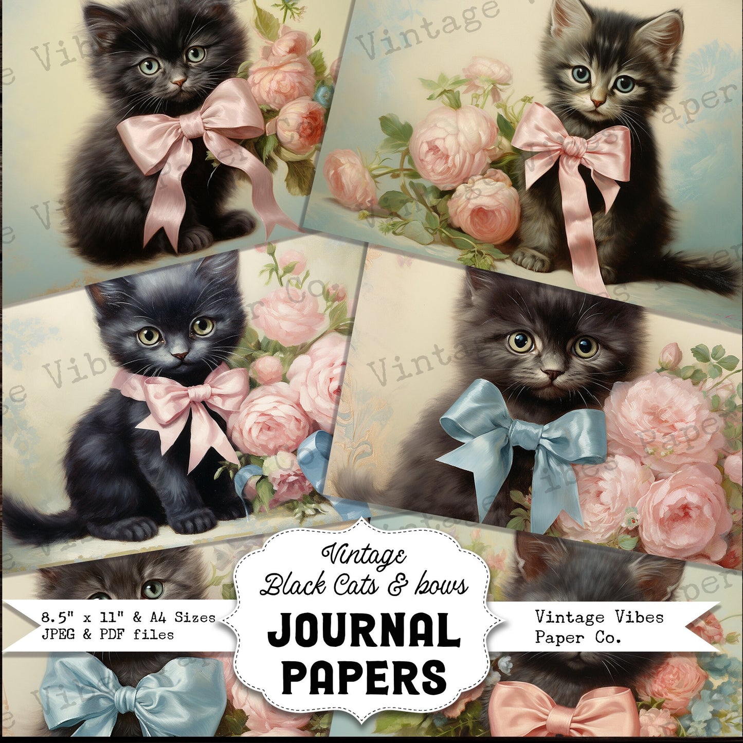 Junk journal digital papers, Vintage cats with bows and flowers, digital kitten print paper to print at home, junk journal paper kit