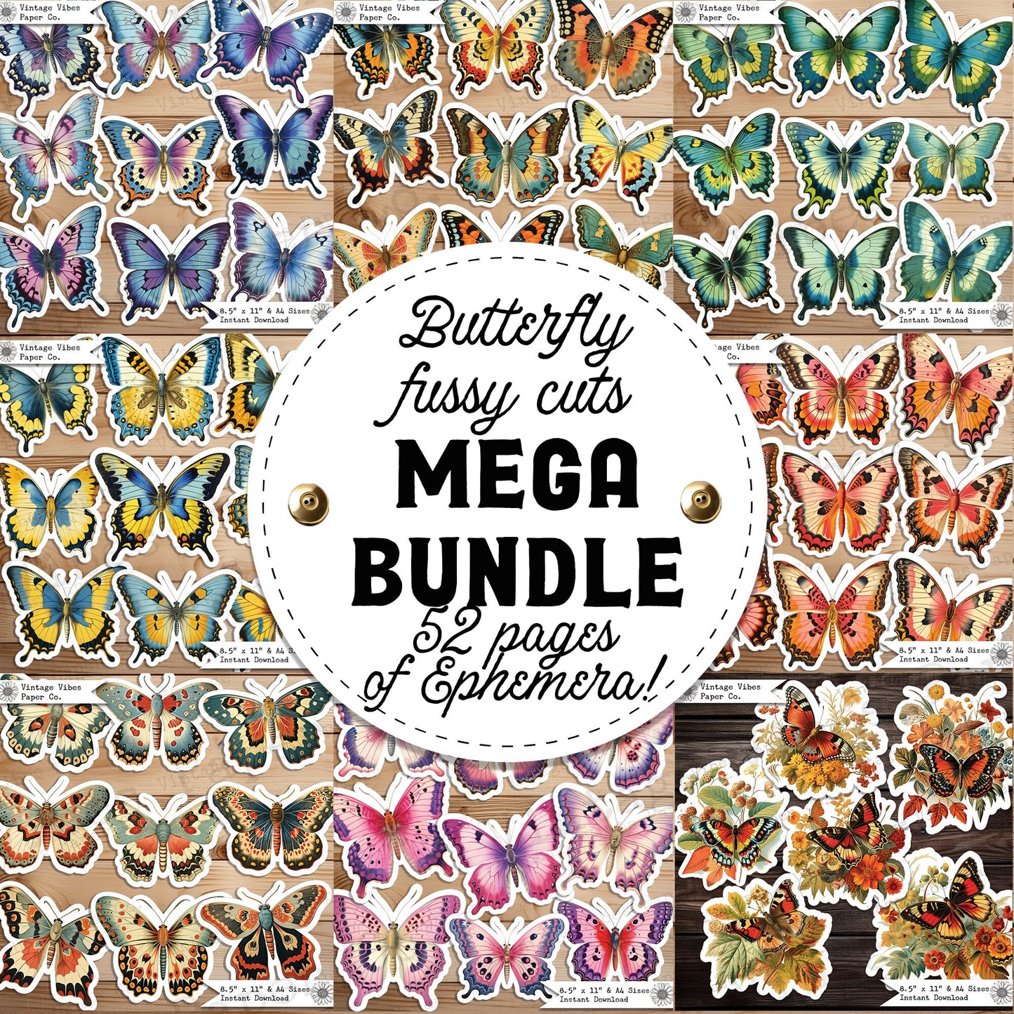 Junk journal kit butterfly & moth fussy cut ephemera sheets, mega bundle of vintage butterfly ephemera collage cut outs, 52 sheet bundle!