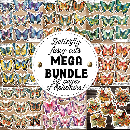 Junk journal kit butterfly & moth fussy cut ephemera sheets, mega bundle of vintage butterfly ephemera collage cut outs, 52 sheet bundle!