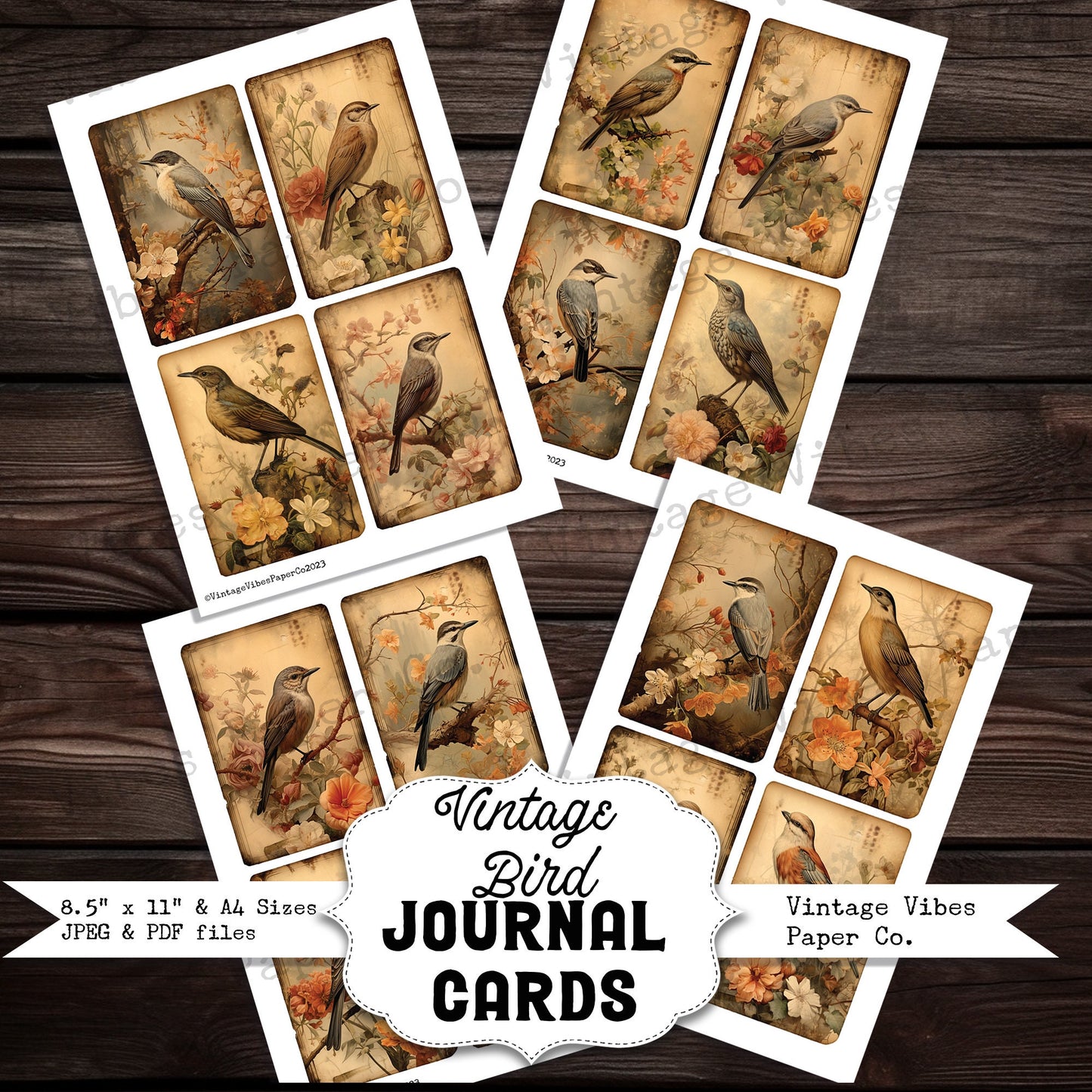 Vintage birds junk journal cards, digital printable card toppers, neutral theme nature junk journal digital printable ephemera pack