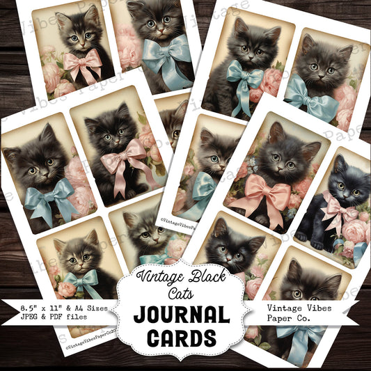 Vintage kitten junk journal cards, printable black cats & bows junk journal printable ephemera, vintage style junk journal digital prints