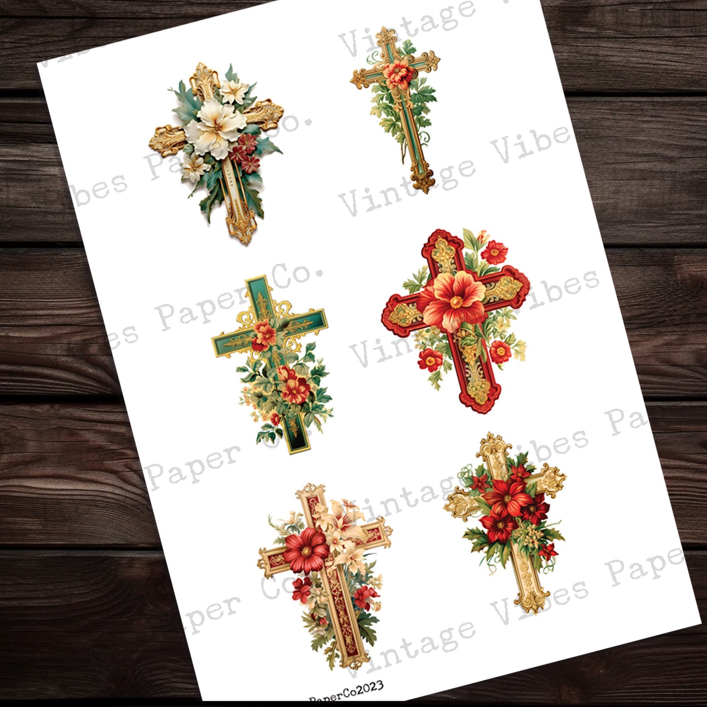 Junk Journal fussy cut Christmas floral cross, digital vintage crucifix for junk journals, printable Christian junk journal ephemera kit