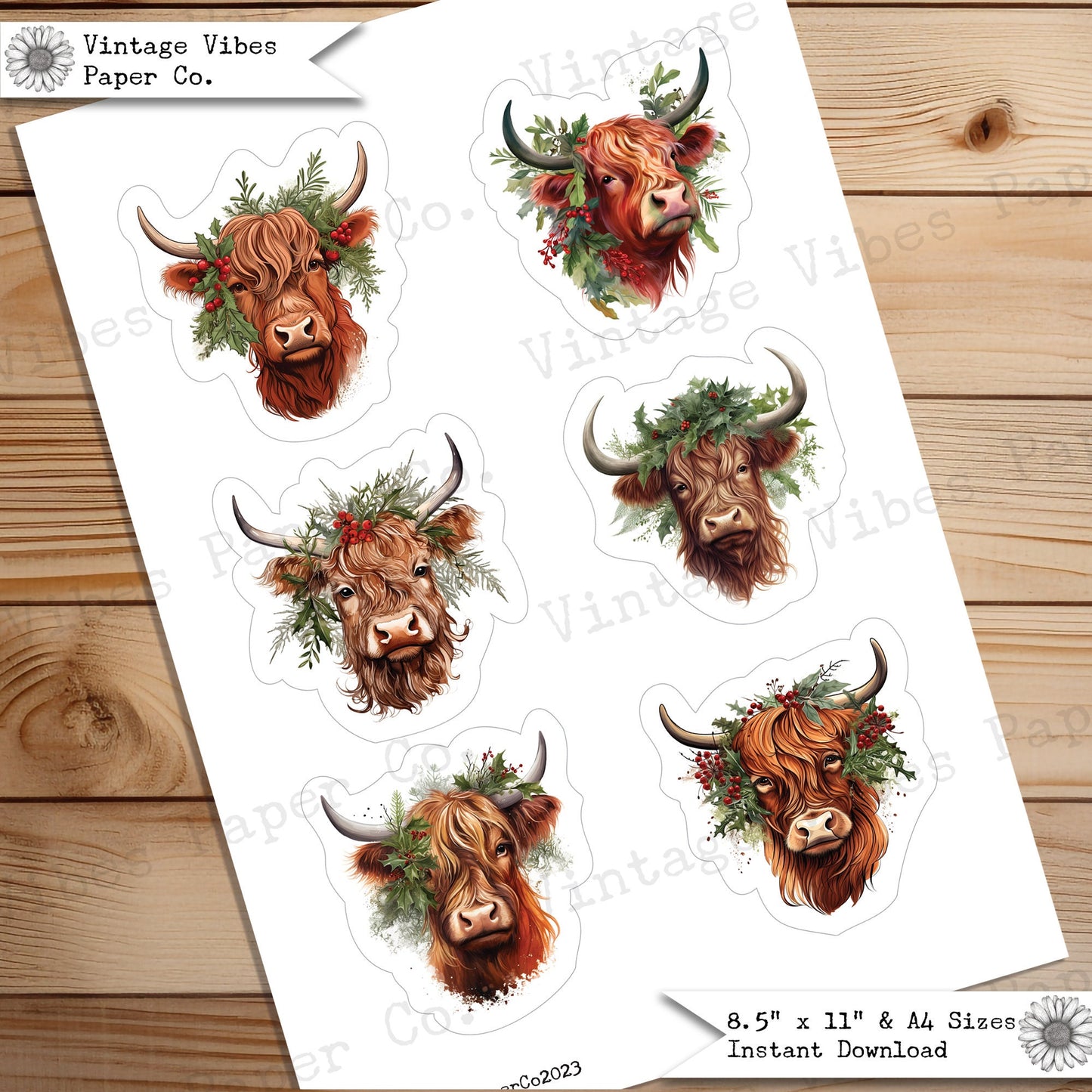 Christmas highland cow junk journal fussy cut ephemera sheets, festive farmyard theme junk journal digital printable ephemera pack