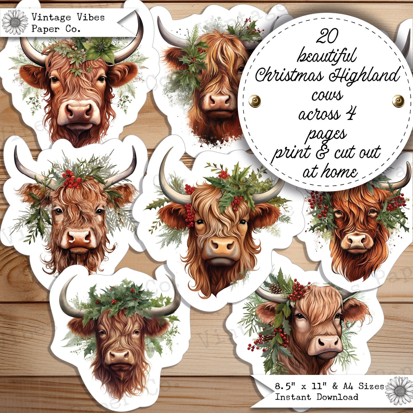 Christmas highland cow junk journal fussy cut ephemera sheets, festive farmyard theme junk journal digital printable ephemera pack