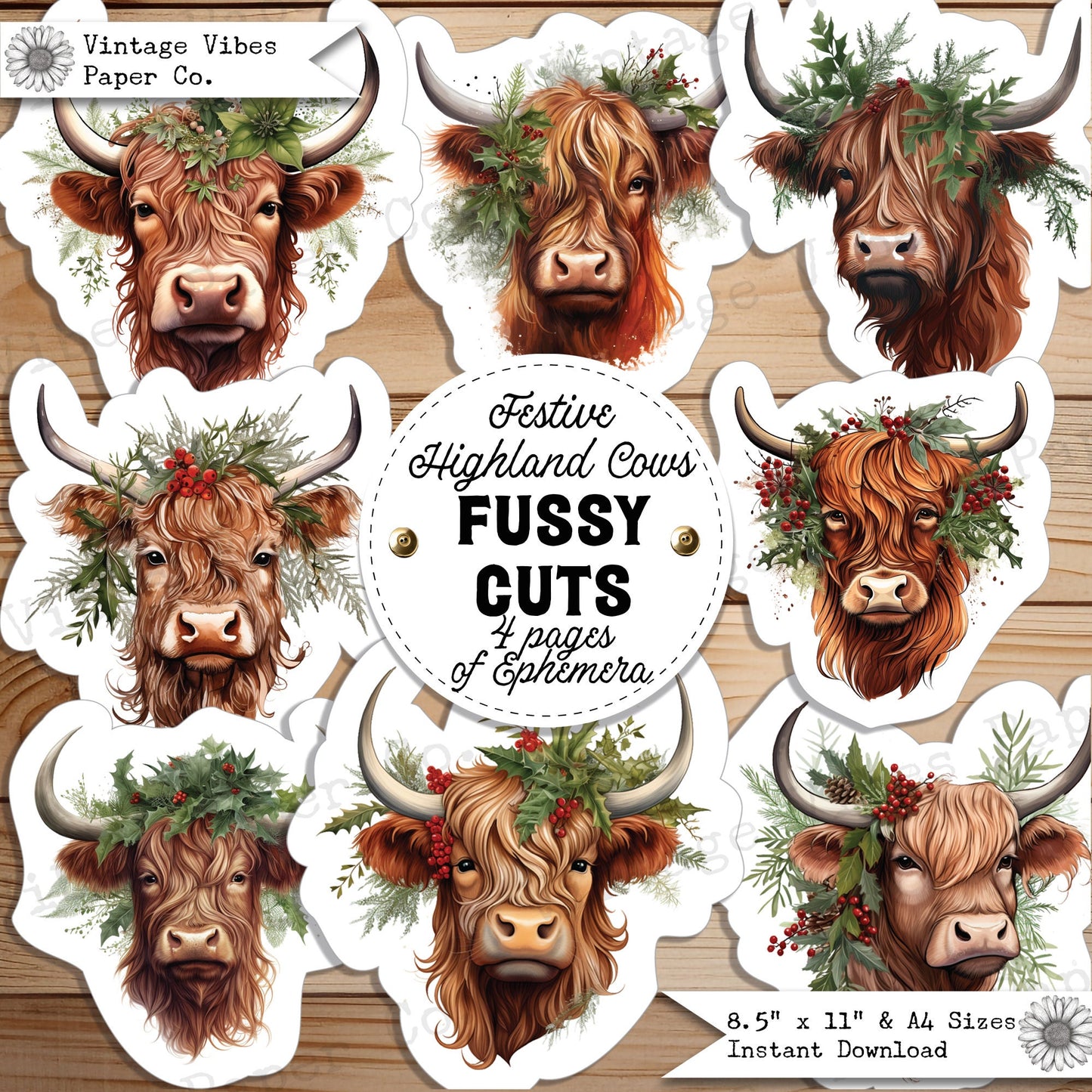 Christmas highland cow junk journal fussy cut ephemera sheets, festive farmyard theme junk journal digital printable ephemera pack