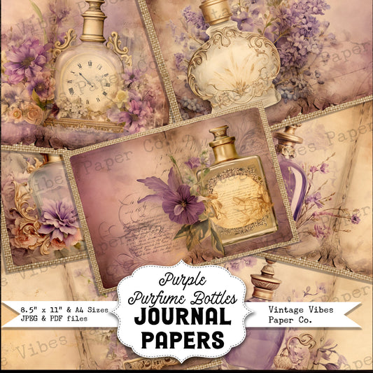 Vintage Junk journal purple perfume bottles junk journal pages, shabby chic printable papers, digital collage pages for journaling