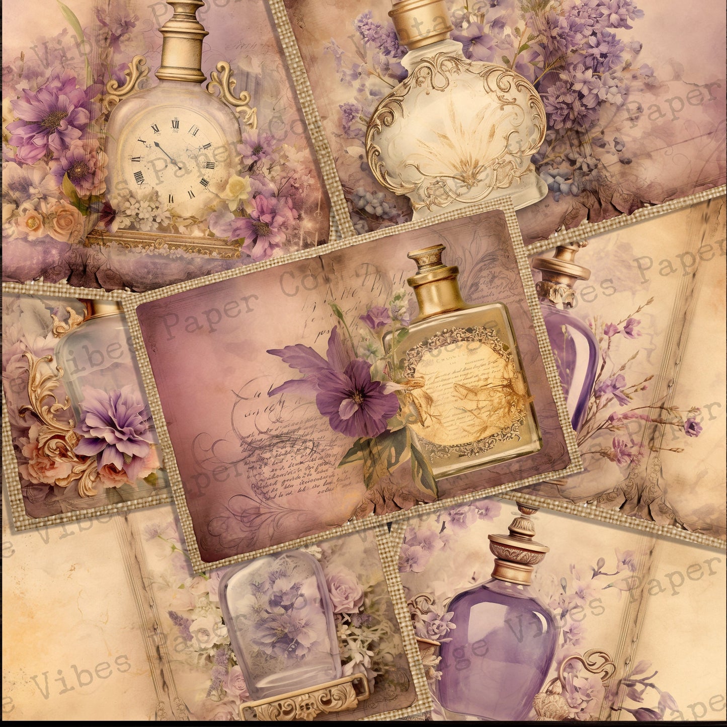 Vintage Junk journal purple perfume bottles junk journal pages, shabby chic printable papers, digital collage pages for journaling