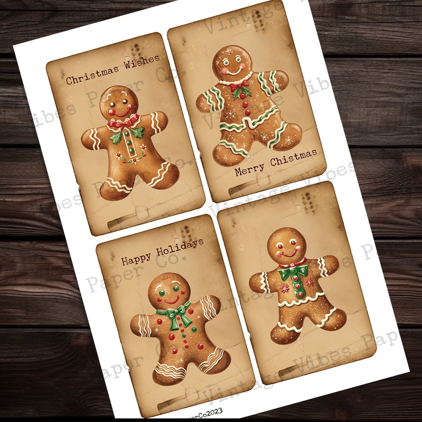 Vintage Gingerbread junk journal cards, digital printable card toppers, neutral theme festive junk journal digital printable ephemera pack