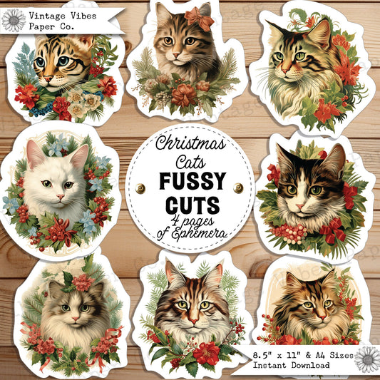 Junk Journal fussy cut ephemera Christmas Cats, digital vintage cats & flowers for junk journals, printable cat embellishment for scrapbook