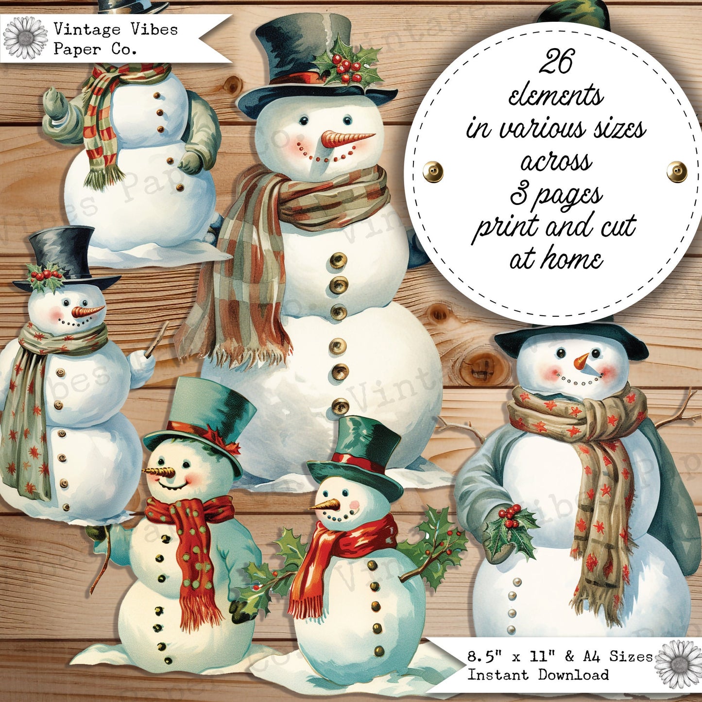 Christmas Snowman junk journal fussy cut ephemera sheets, festive Christmas theme junk journal digital printable ephemera pack