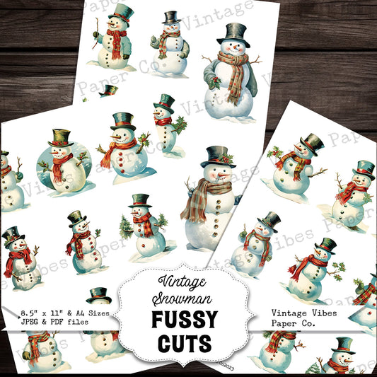 Christmas Snowman junk journal fussy cut ephemera sheets, festive Christmas theme junk journal digital printable ephemera pack