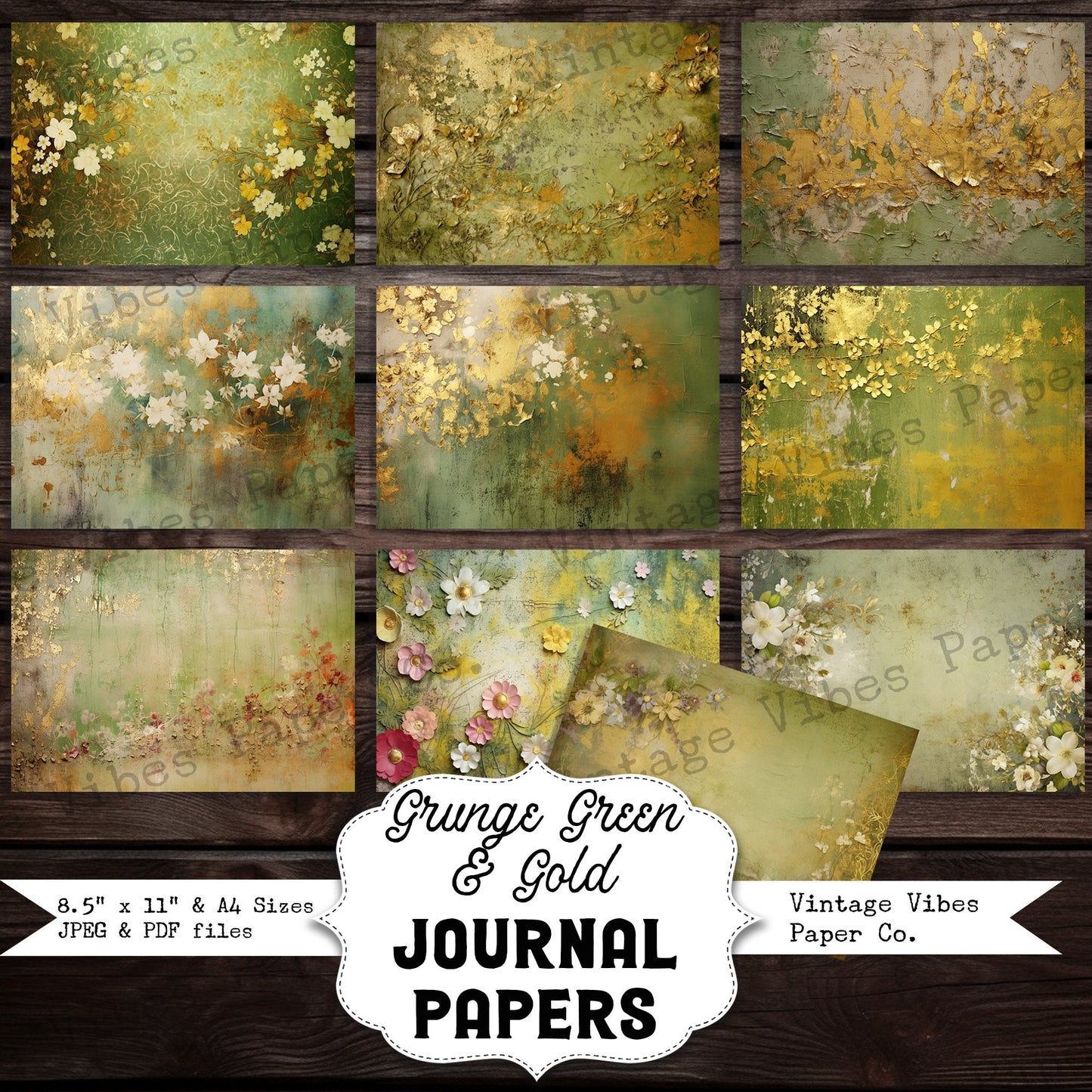 Junk journal papers grunge green and gold, grungy mixed media textured journal paper kit digital printable pages, vintage green junk journal