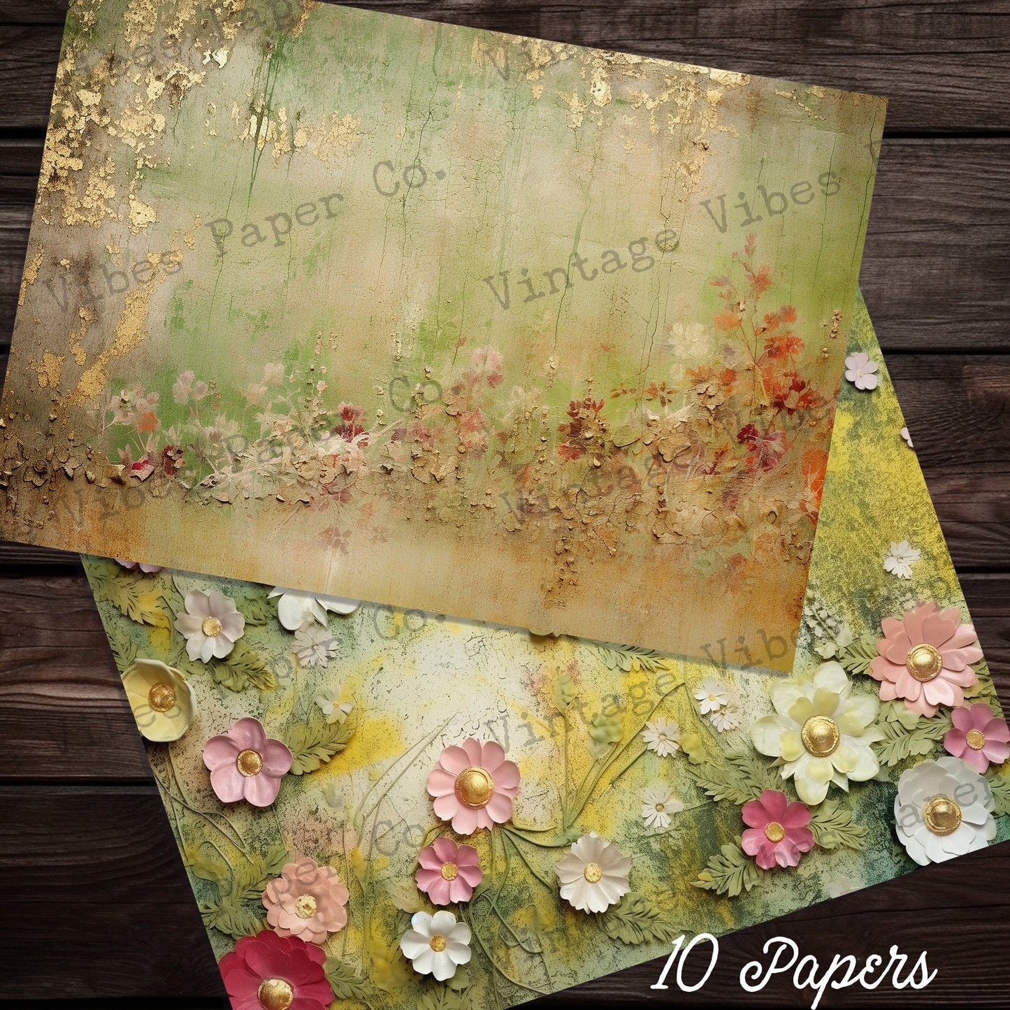 Junk journal papers grunge green and gold, grungy mixed media textured journal paper kit digital printable pages, vintage green junk journal