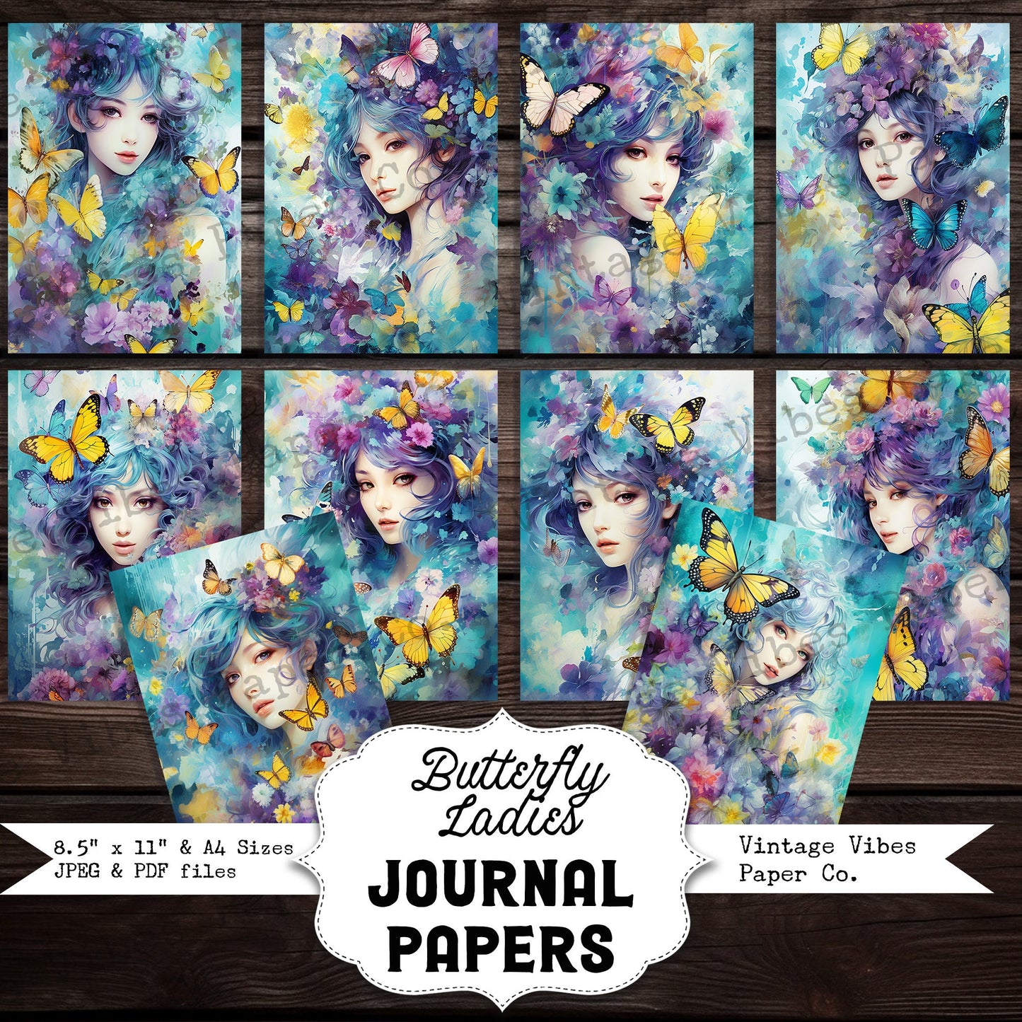 Junk journal papers butterfly ladies, Aqua & yellow butterfly portrait orientation printable papers for scrapbooking and junk journaling