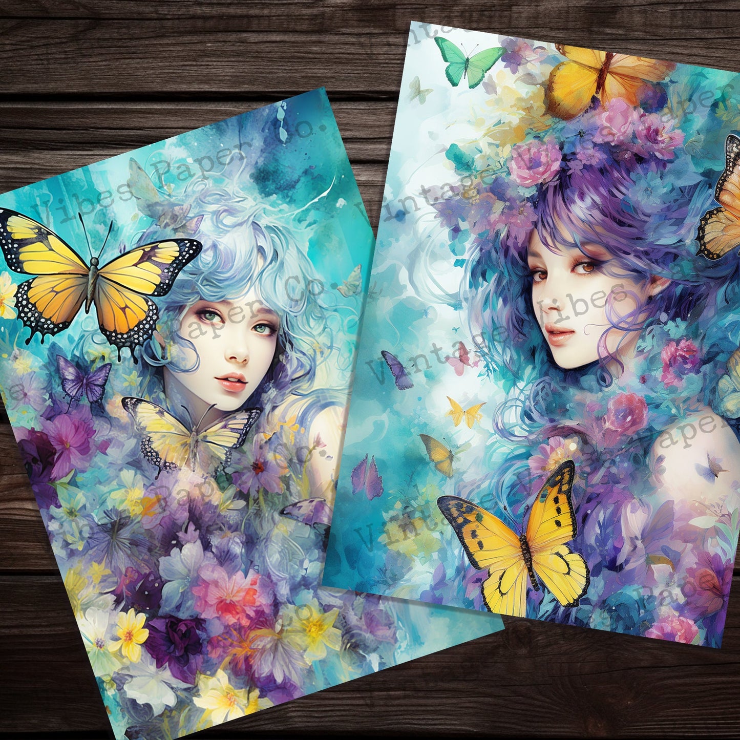 Junk journal papers butterfly ladies, Aqua & yellow butterfly portrait orientation printable papers for scrapbooking and junk journaling