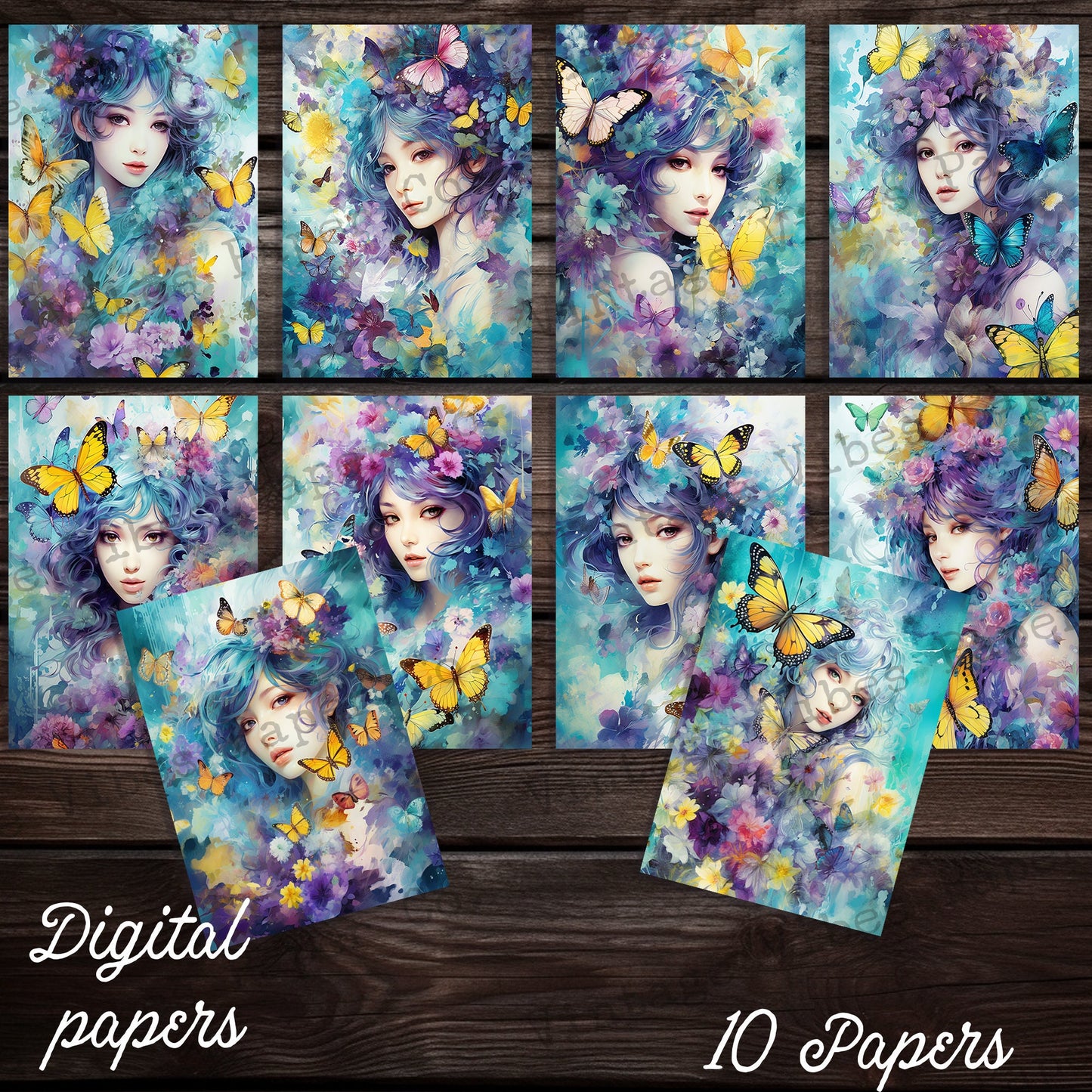 Junk journal papers butterfly ladies, Aqua & yellow butterfly portrait orientation printable papers for scrapbooking and junk journaling