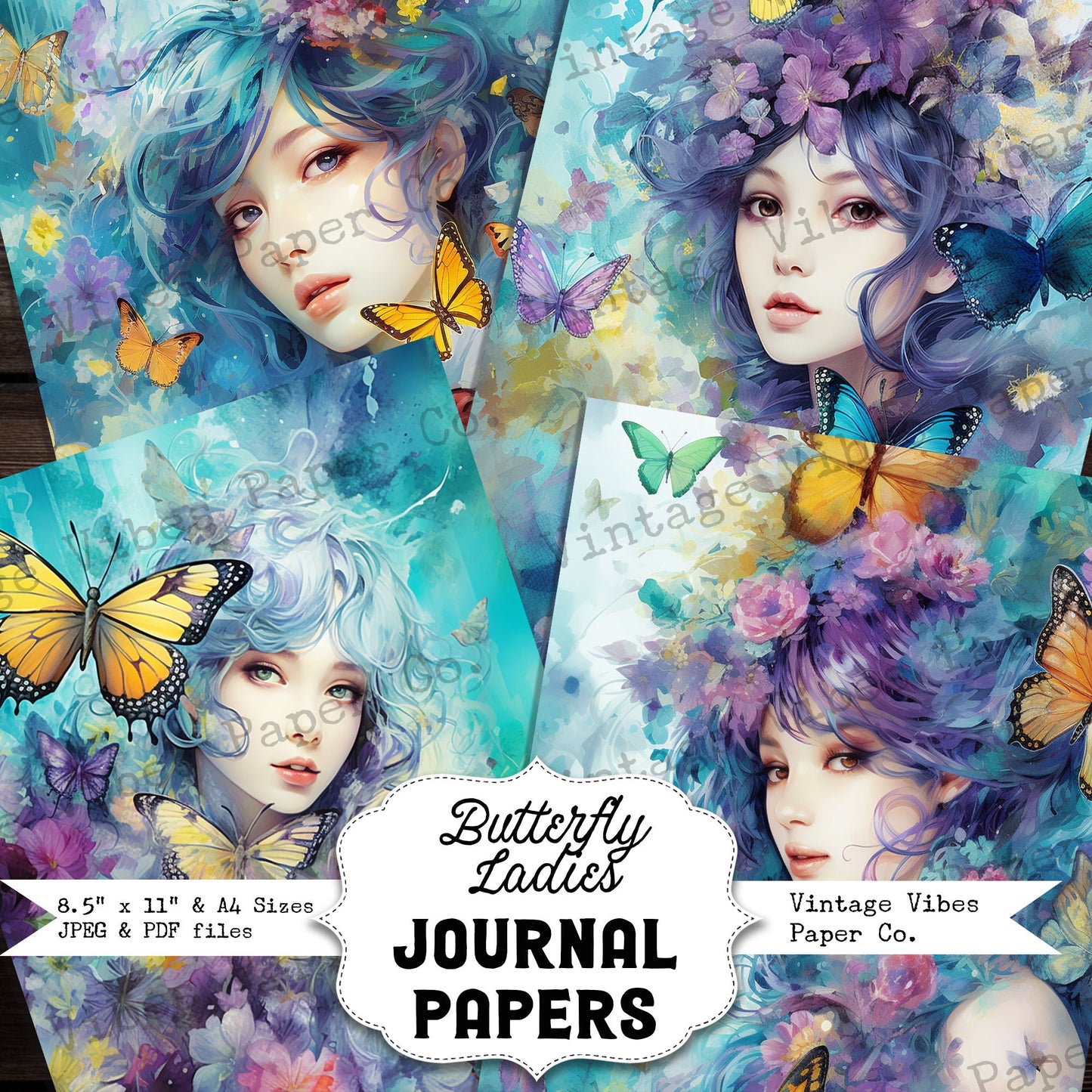 Junk journal papers butterfly ladies, Aqua & yellow butterfly portrait orientation printable papers for scrapbooking and junk journaling