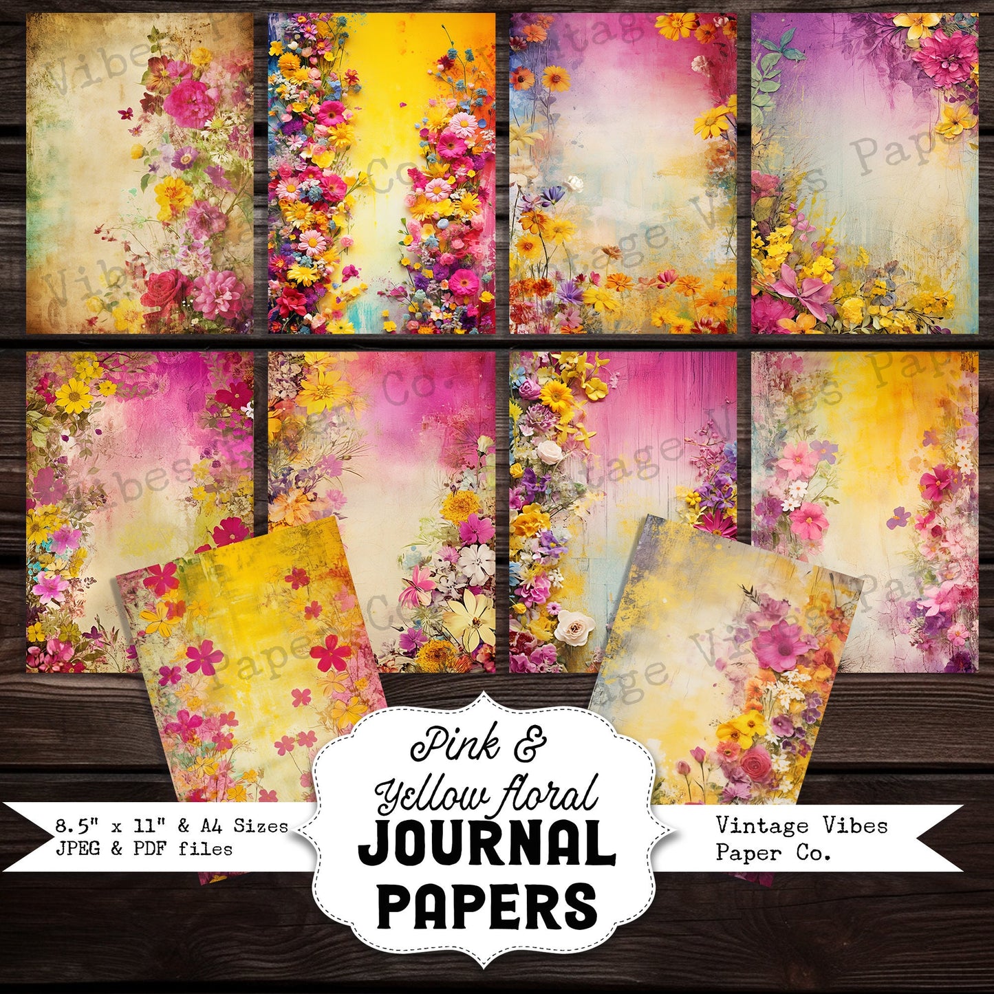 Pink and yellow floral junk journal papers, bright summer flower digital printable paper pack, grunge flowers textured mixed media papers