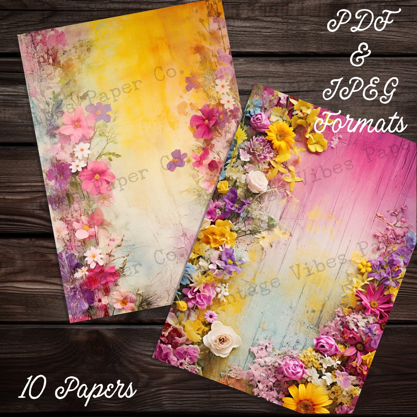 Pink and yellow floral junk journal papers, bright summer flower digital printable paper pack, grunge flowers textured mixed media papers