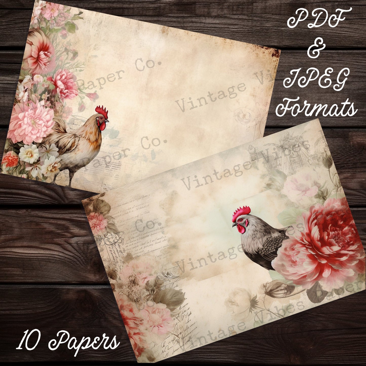 Junk journal printable papers Vintage chickens, farmyard theme junk journal digital papers for scrapbooking cards, vintage ephemera