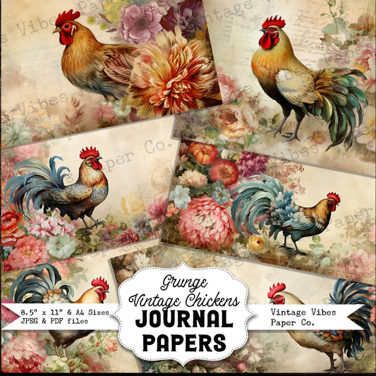 Junk journal printable papers Vintage chickens, farmyard theme junk journal digital papers for scrapbooking cards, vintage ephemera