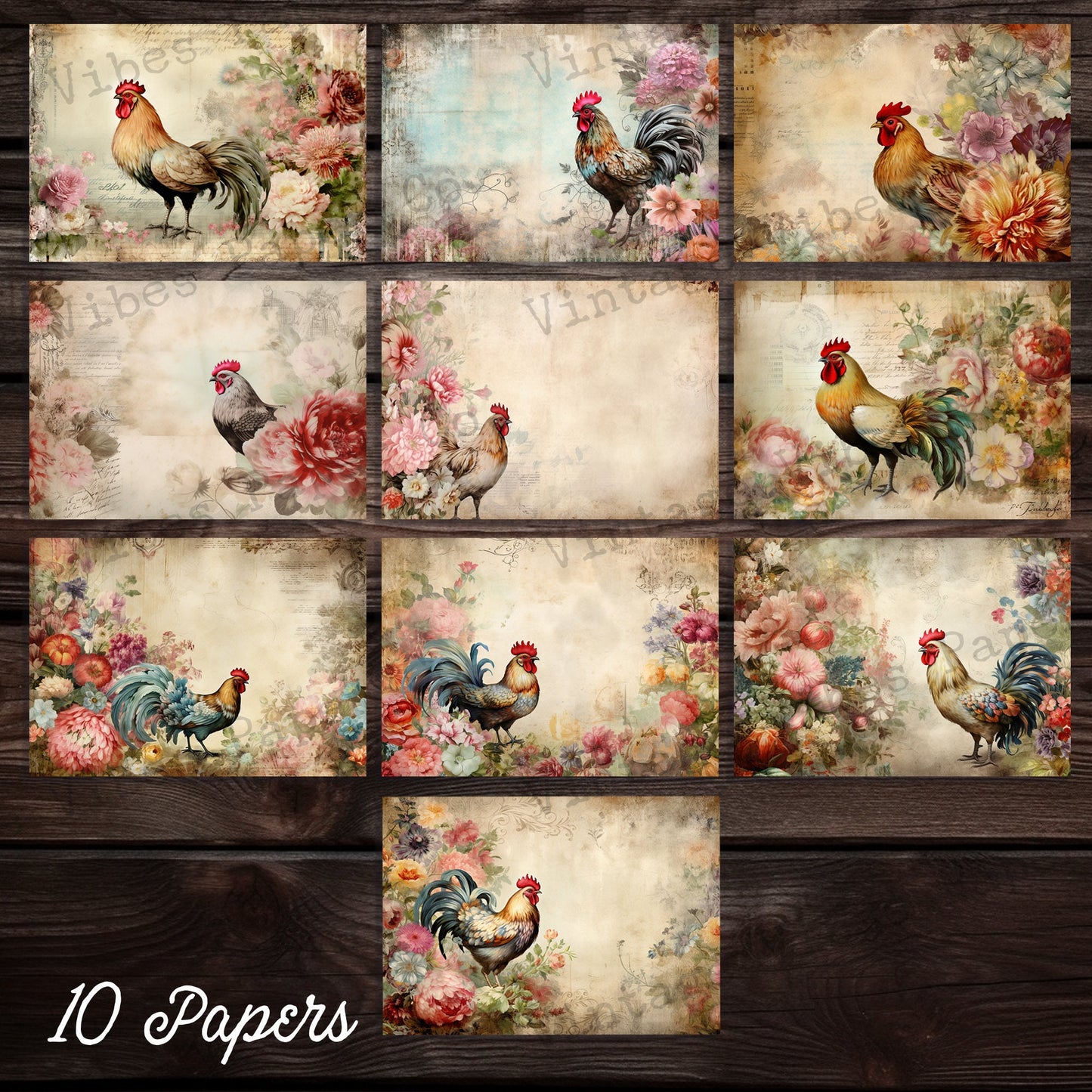 Junk journal printable papers Vintage chickens, farmyard theme junk journal digital papers for scrapbooking cards, vintage ephemera