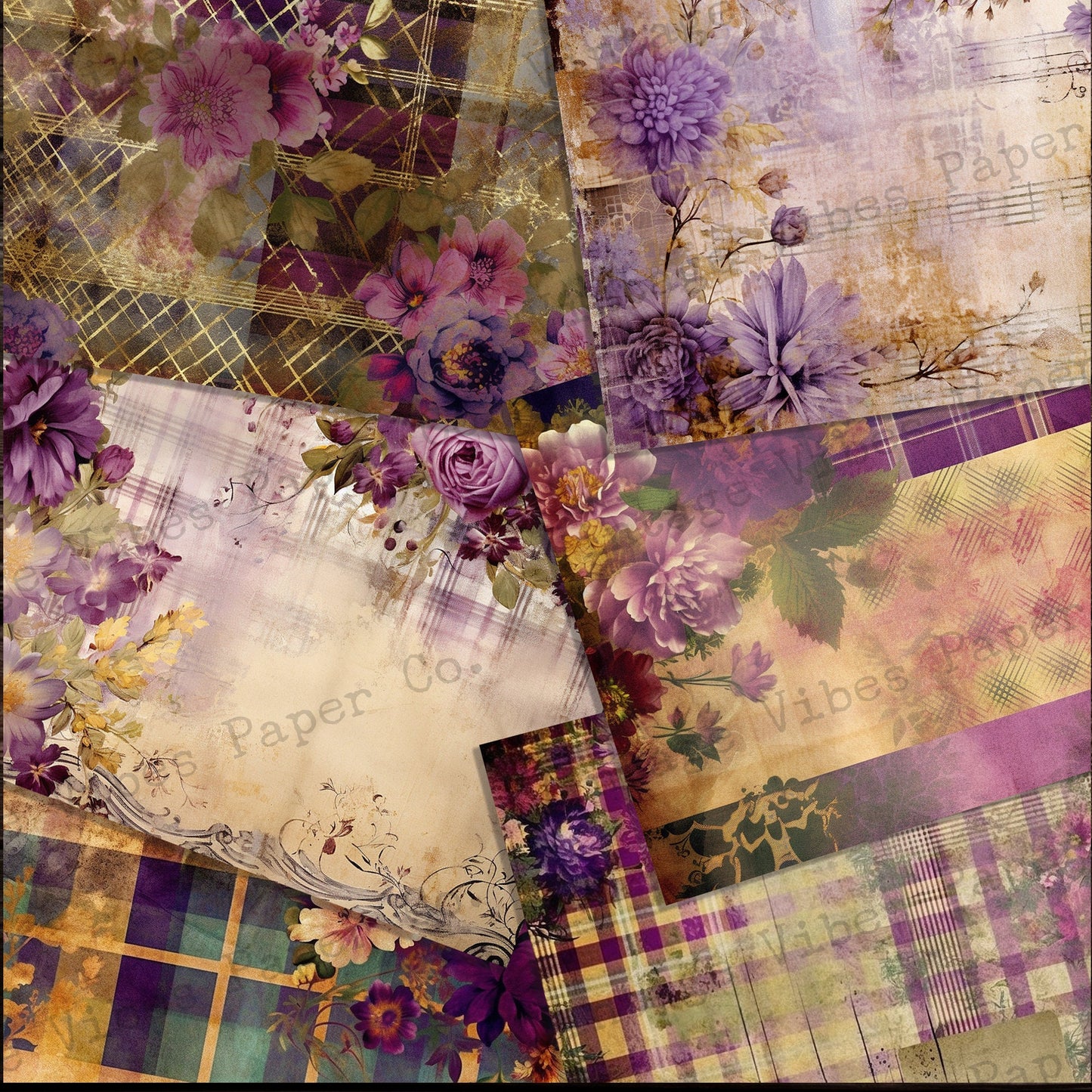 Junk journal papers purple Grunge floral tartan, rustic grungy plaid patterned textured collage pages for junk journaling & mixed media