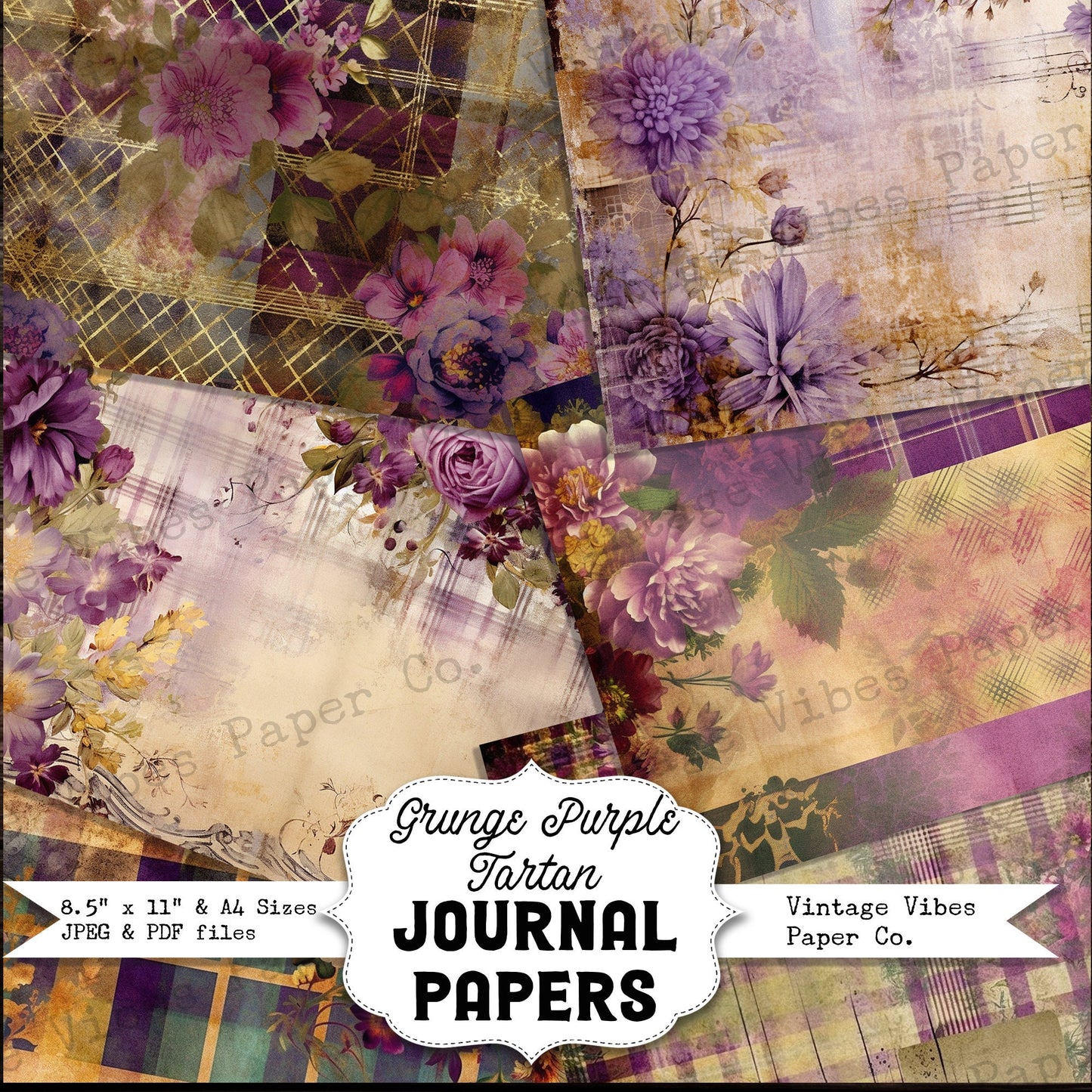 Junk journal papers purple Grunge floral tartan, rustic grungy plaid patterned textured collage pages for junk journaling & mixed media