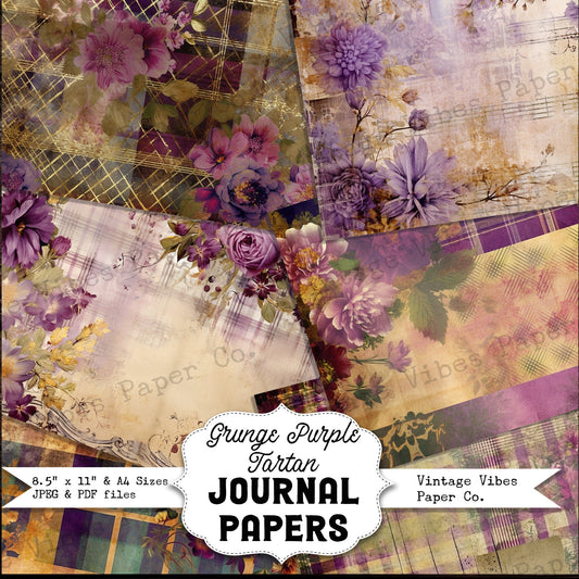 Junk journal papers purple Grunge floral tartan, rustic grungy plaid patterned textured collage pages for junk journaling & mixed media