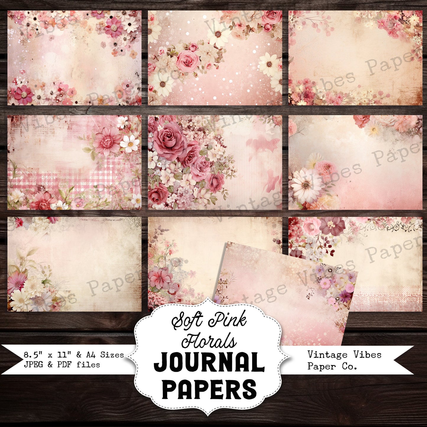 Junk journal digital paper pack soft pink florals, vintage collage sheet Pastel pink flowers, printable papers for scrapbooking and journals