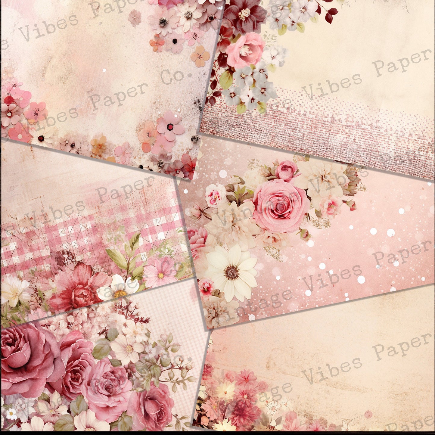 Junk journal digital paper pack soft pink florals, vintage collage sheet Pastel pink flowers, printable papers for scrapbooking and journals