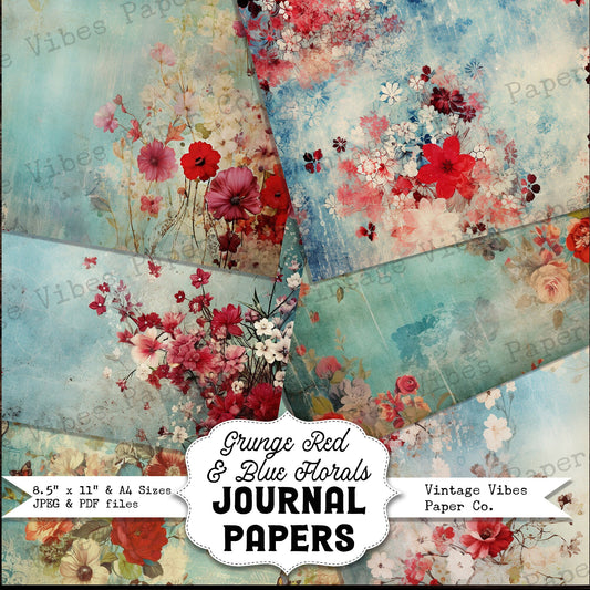 Grunge red and blue florals vintage style junk journal papers, vintage flowers mixed media grungy background digital paper pack, scrapbooks