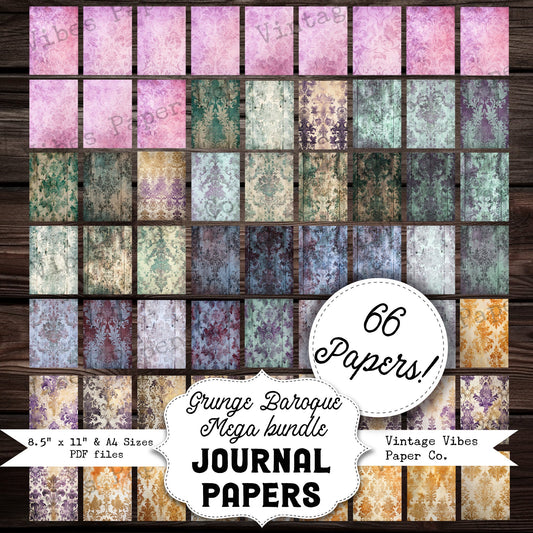 Junk journal background papers mega bundle, vintage grunge baroque papers, coloured backing pages for scrapbooking & more, 66 sheet bundle!