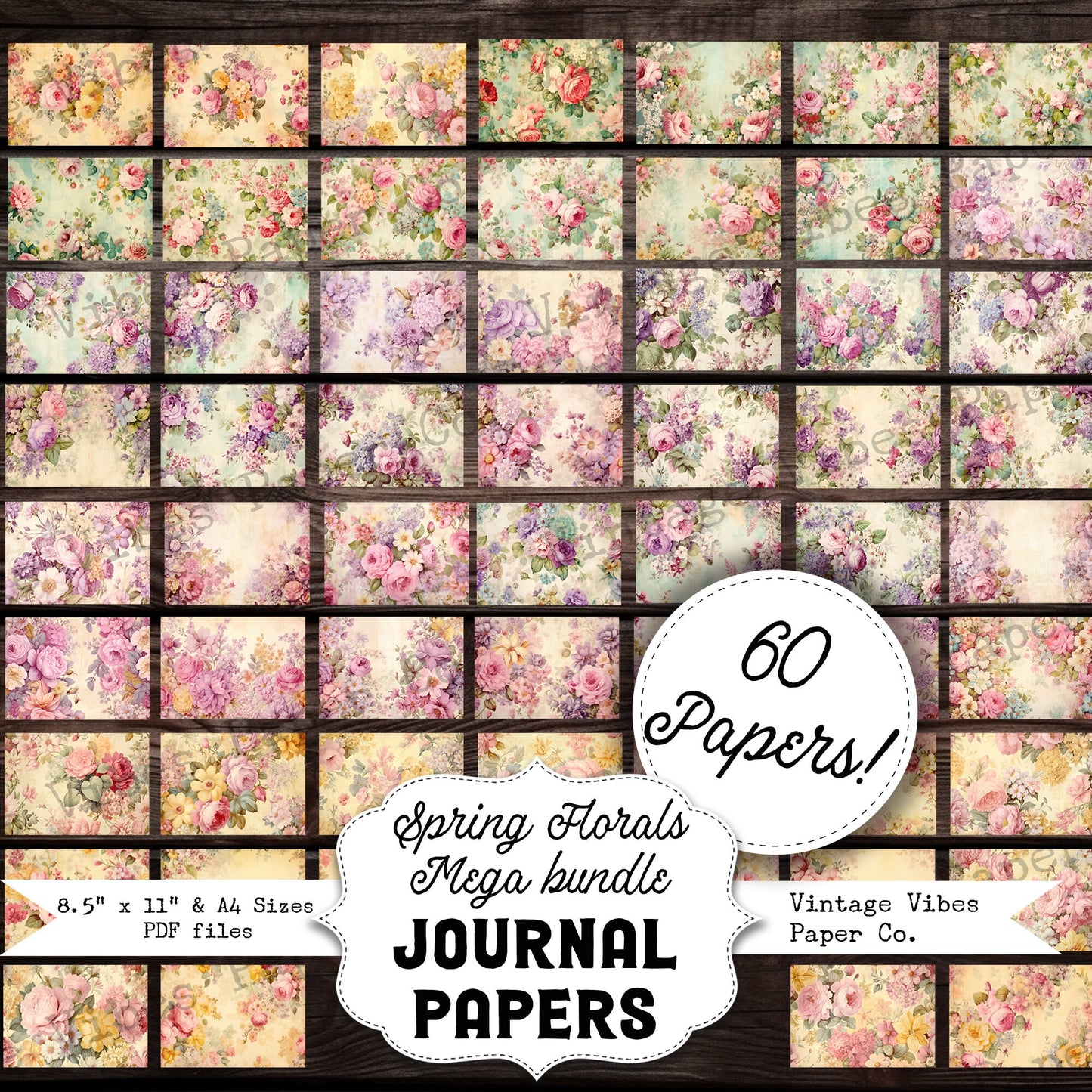 Junk journal floral background papers mega bundle, Spring floral papers, coloured backing pages for scrapbooking & more, 60 sheet bundle!