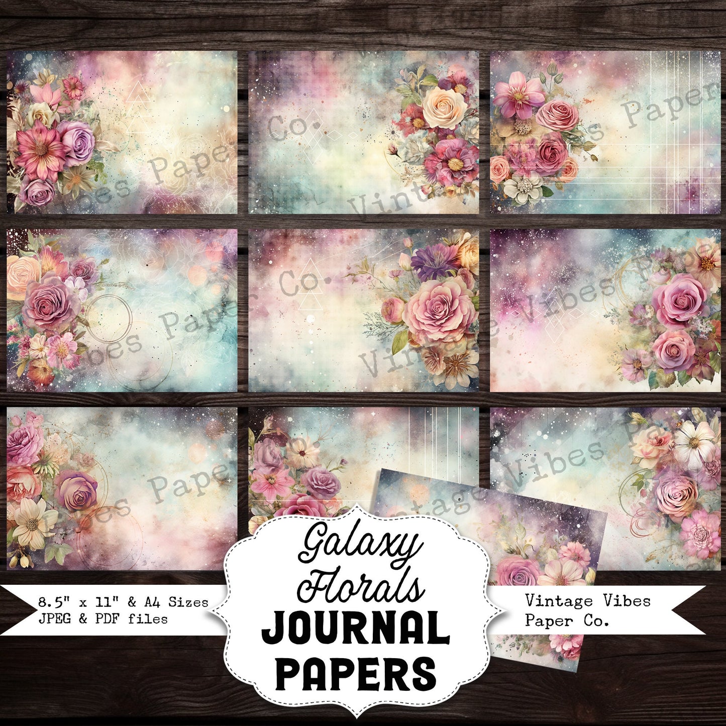 Junk journal galaxy floral printable papers, digital paper pack, cosmic galaxy flowers, instant download vintage style flower, space journal