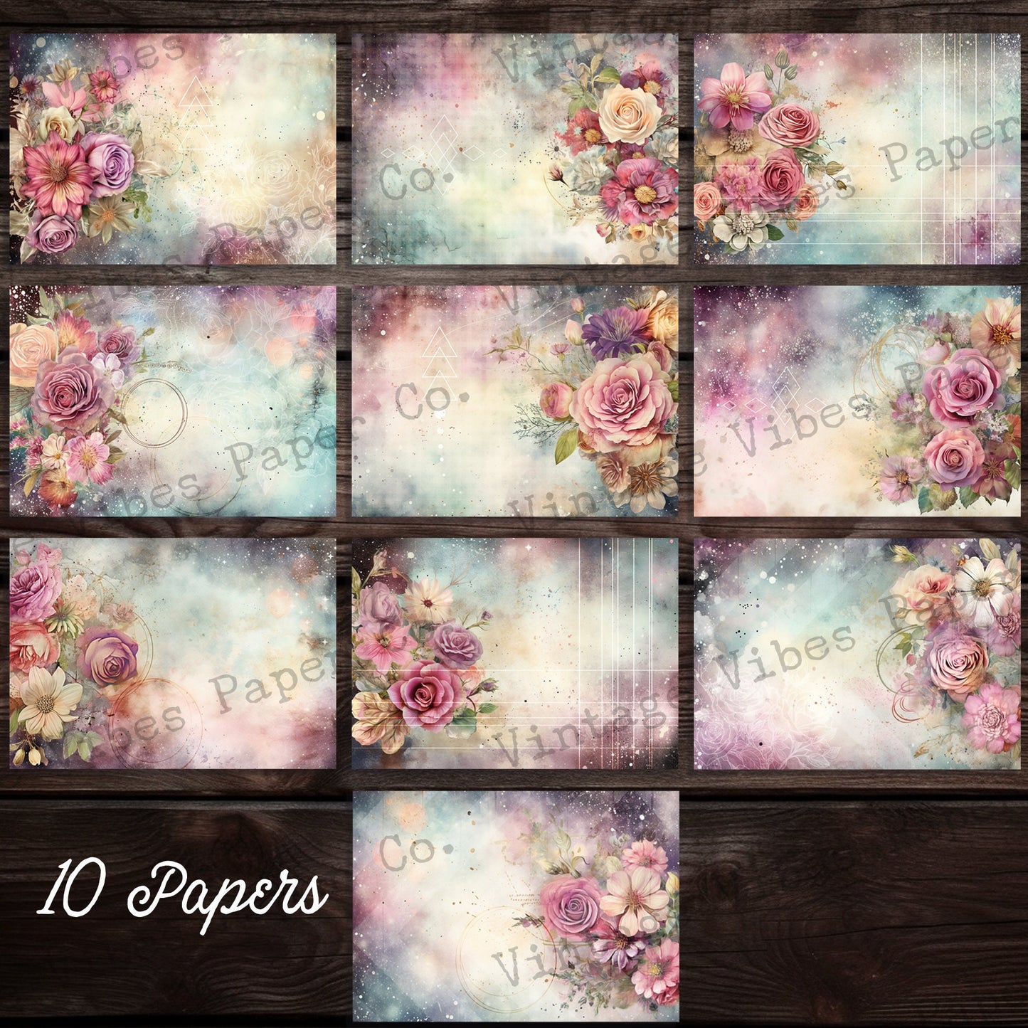 Junk journal galaxy floral printable papers, digital paper pack, cosmic galaxy flowers, instant download vintage style flower, space journal