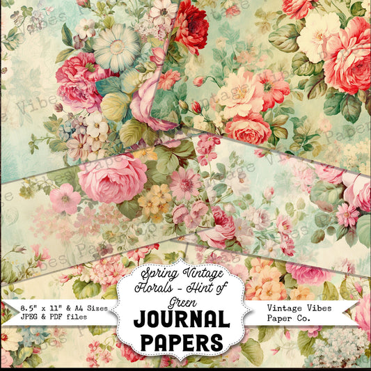 Junk journal digital paper pack spring florals green floral, vintage collage sheet hint of green flowers, printable papers for junk journal