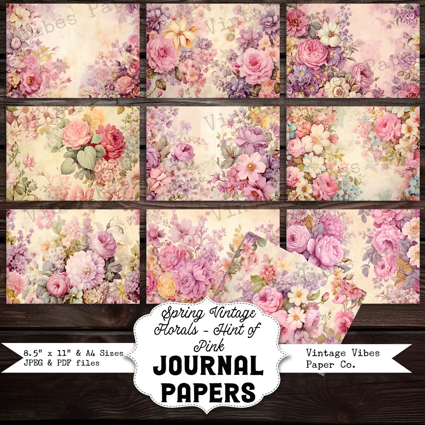 Junk journal digital paper pack spring florals pink, vintage collage sheet hint of pink flowers, printable papers for junk journal