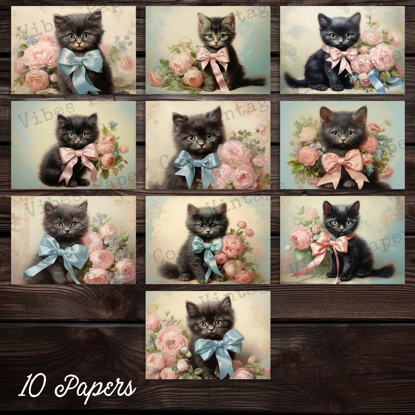 Junk journal digital papers, Vintage cats with bows and flowers, digital kitten print paper to print at home, junk journal paper kit