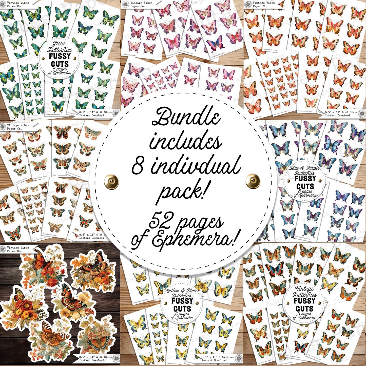 Junk journal kit butterfly & moth fussy cut ephemera sheets, mega bundle of vintage butterfly ephemera collage cut outs, 52 sheet bundle!