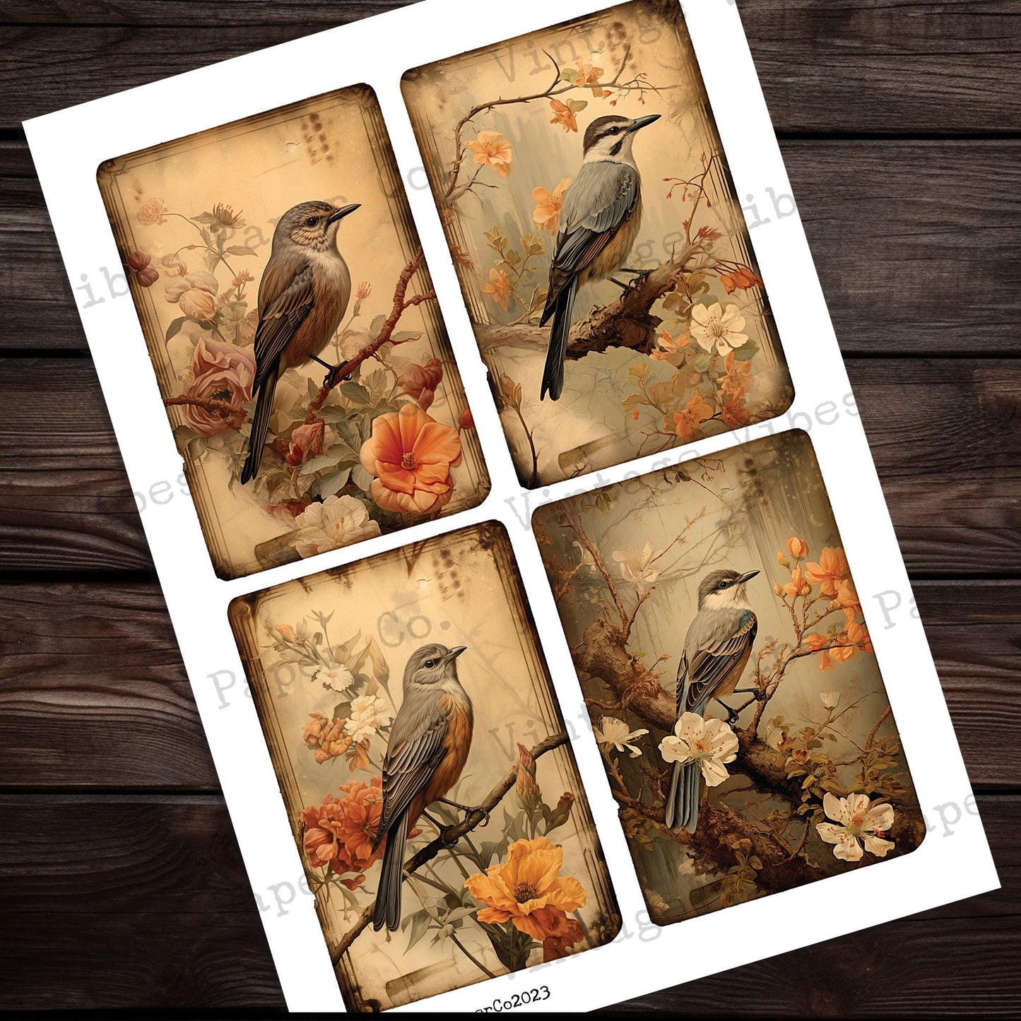 Vintage birds junk journal cards, digital printable card toppers, neutral theme nature junk journal digital printable ephemera pack