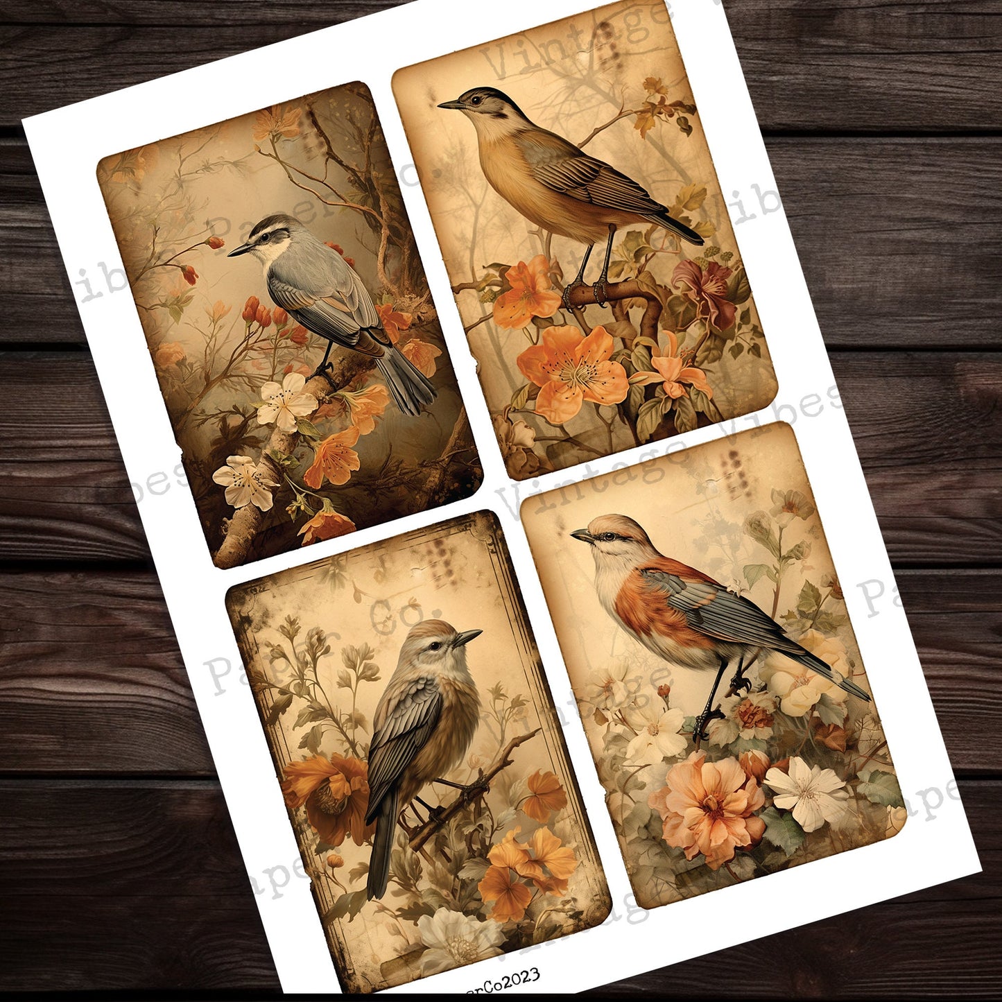 Vintage birds junk journal cards, digital printable card toppers, neutral theme nature junk journal digital printable ephemera pack