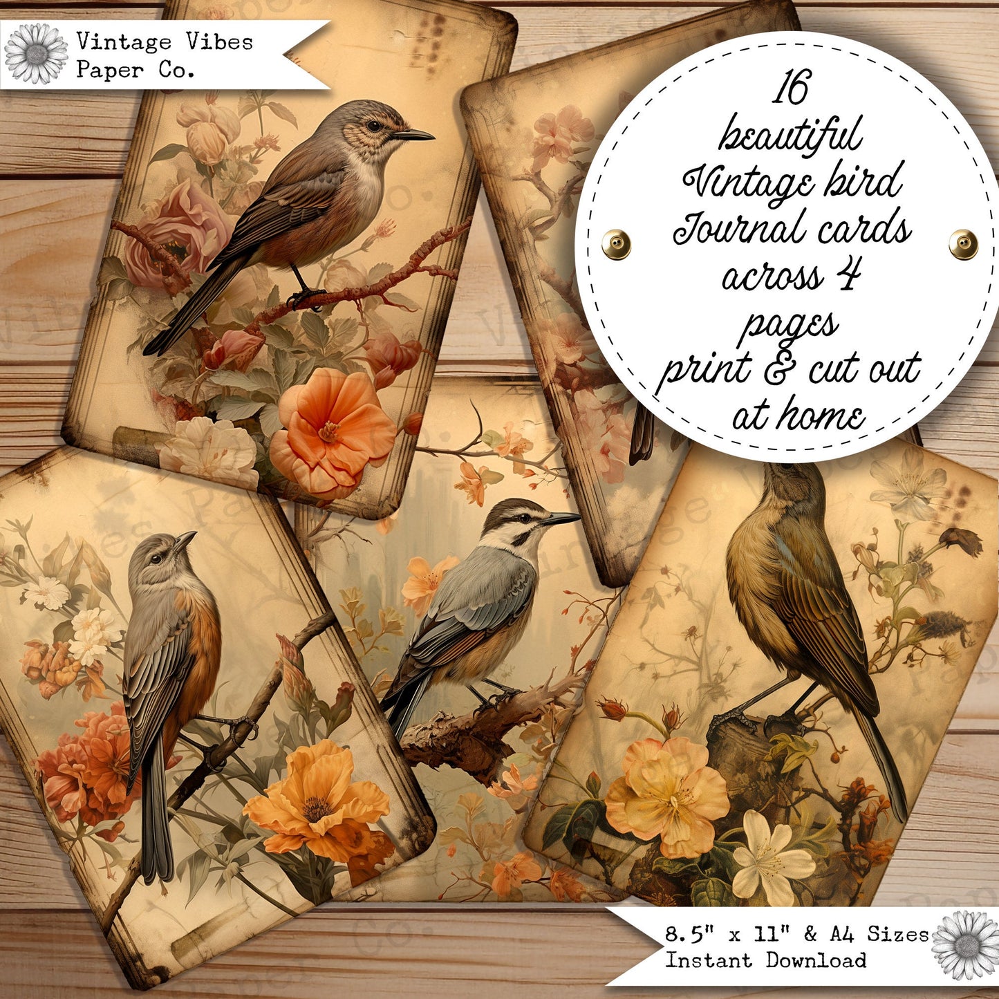 Vintage birds junk journal cards, digital printable card toppers, neutral theme nature junk journal digital printable ephemera pack