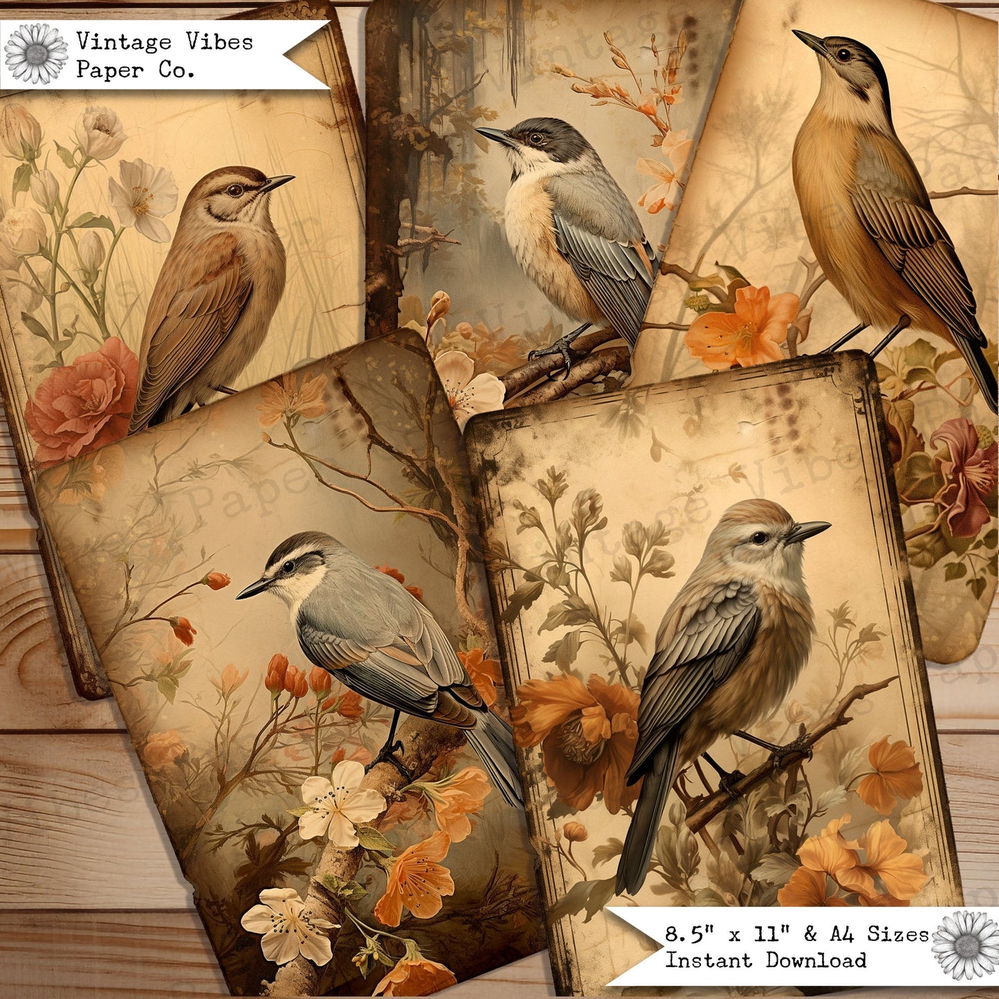 Vintage birds junk journal cards, digital printable card toppers, neutral theme nature junk journal digital printable ephemera pack