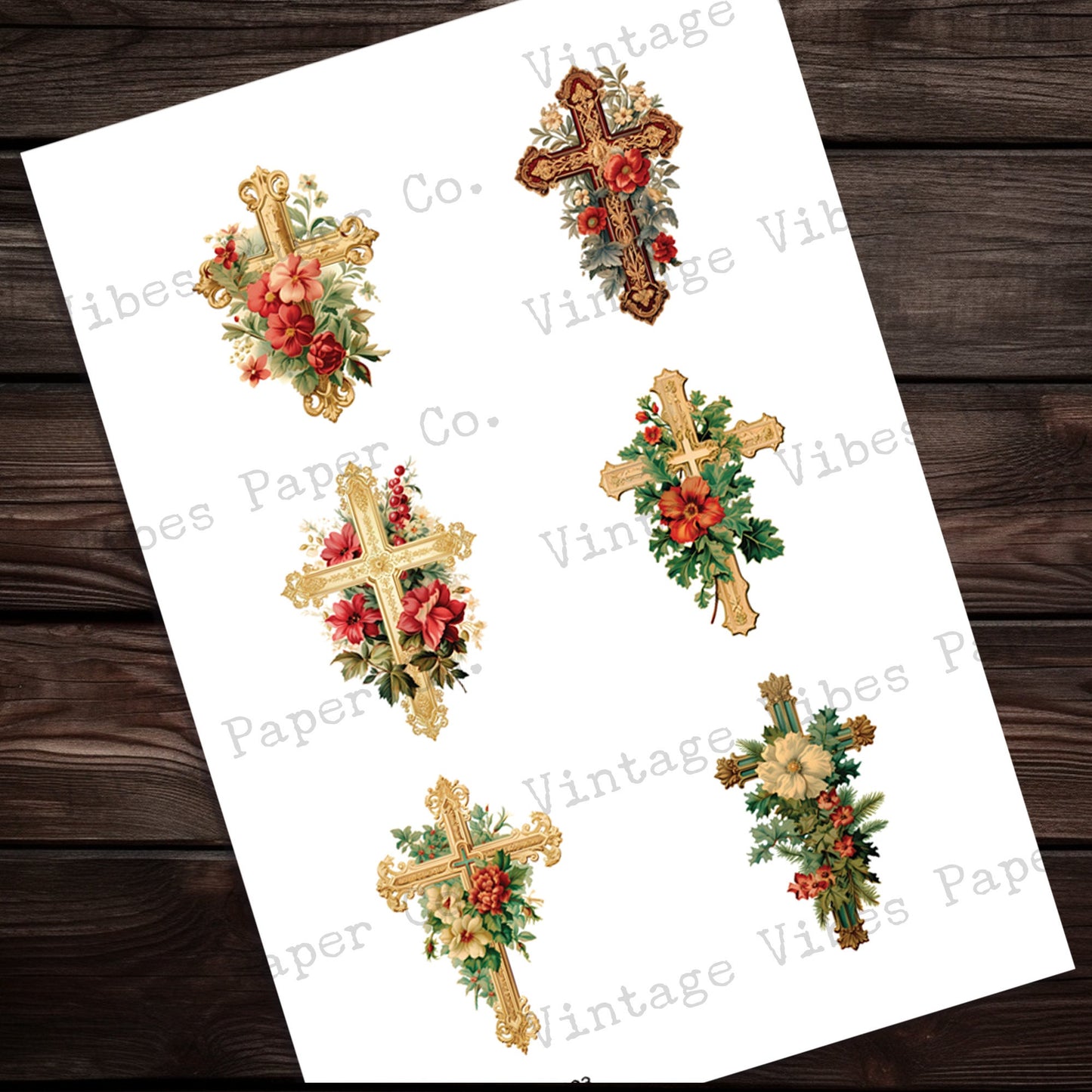 Junk Journal fussy cut Christmas floral cross, digital vintage crucifix for junk journals, printable Christian junk journal ephemera kit