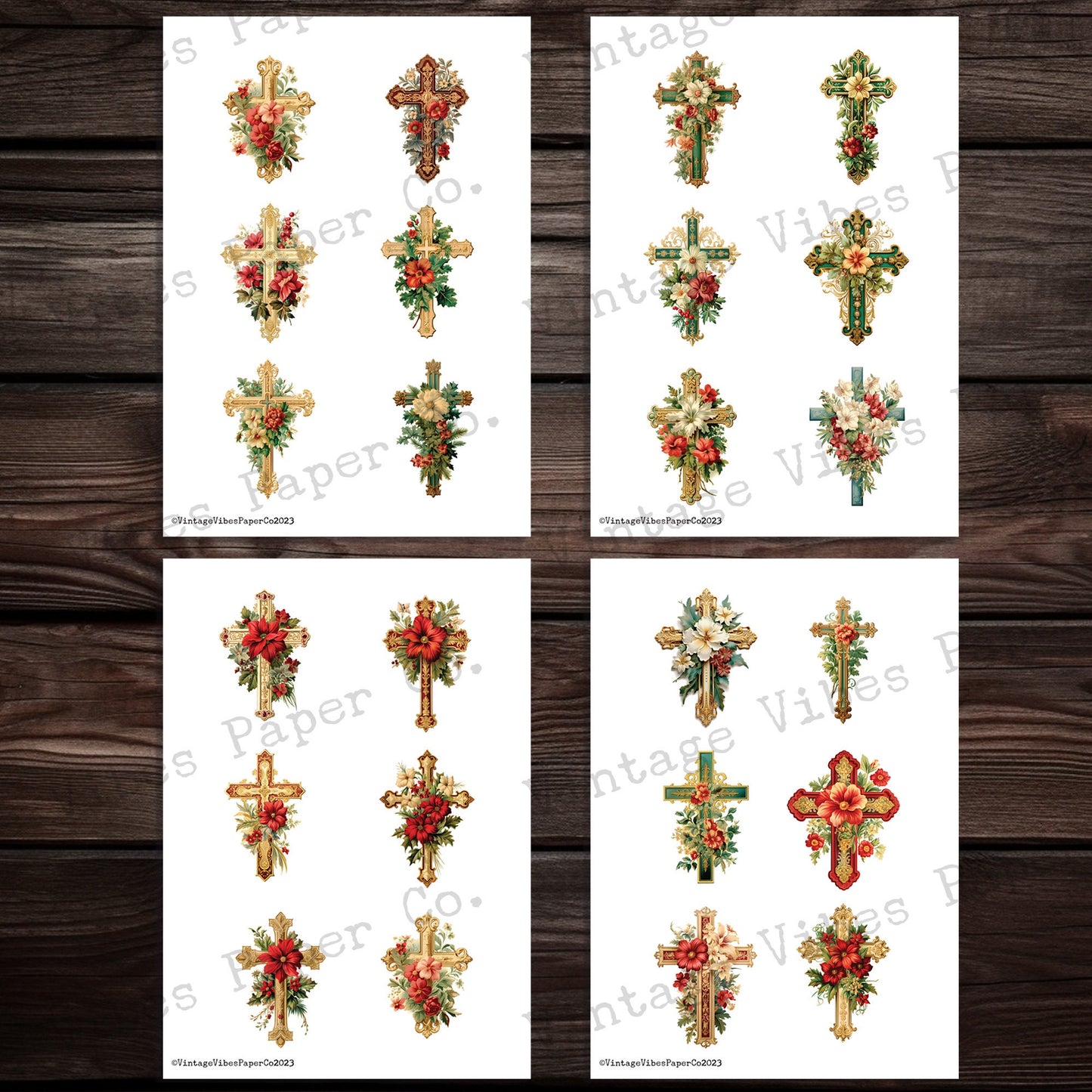 Junk Journal fussy cut Christmas floral cross, digital vintage crucifix for junk journals, printable Christian junk journal ephemera kit