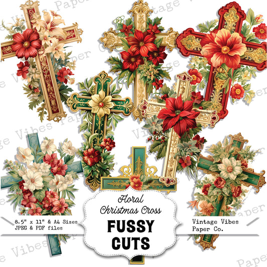 Junk Journal fussy cut Christmas floral cross, digital vintage crucifix for junk journals, printable Christian junk journal ephemera kit