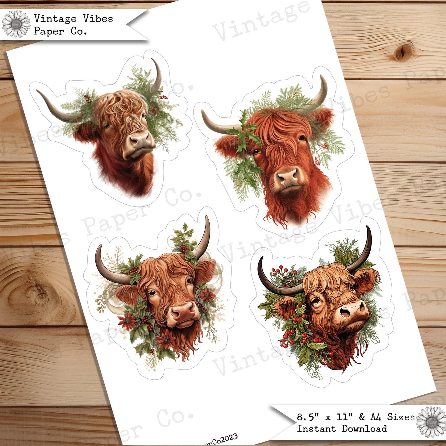 Christmas highland cow junk journal fussy cut ephemera sheets, festive farmyard theme junk journal digital printable ephemera pack