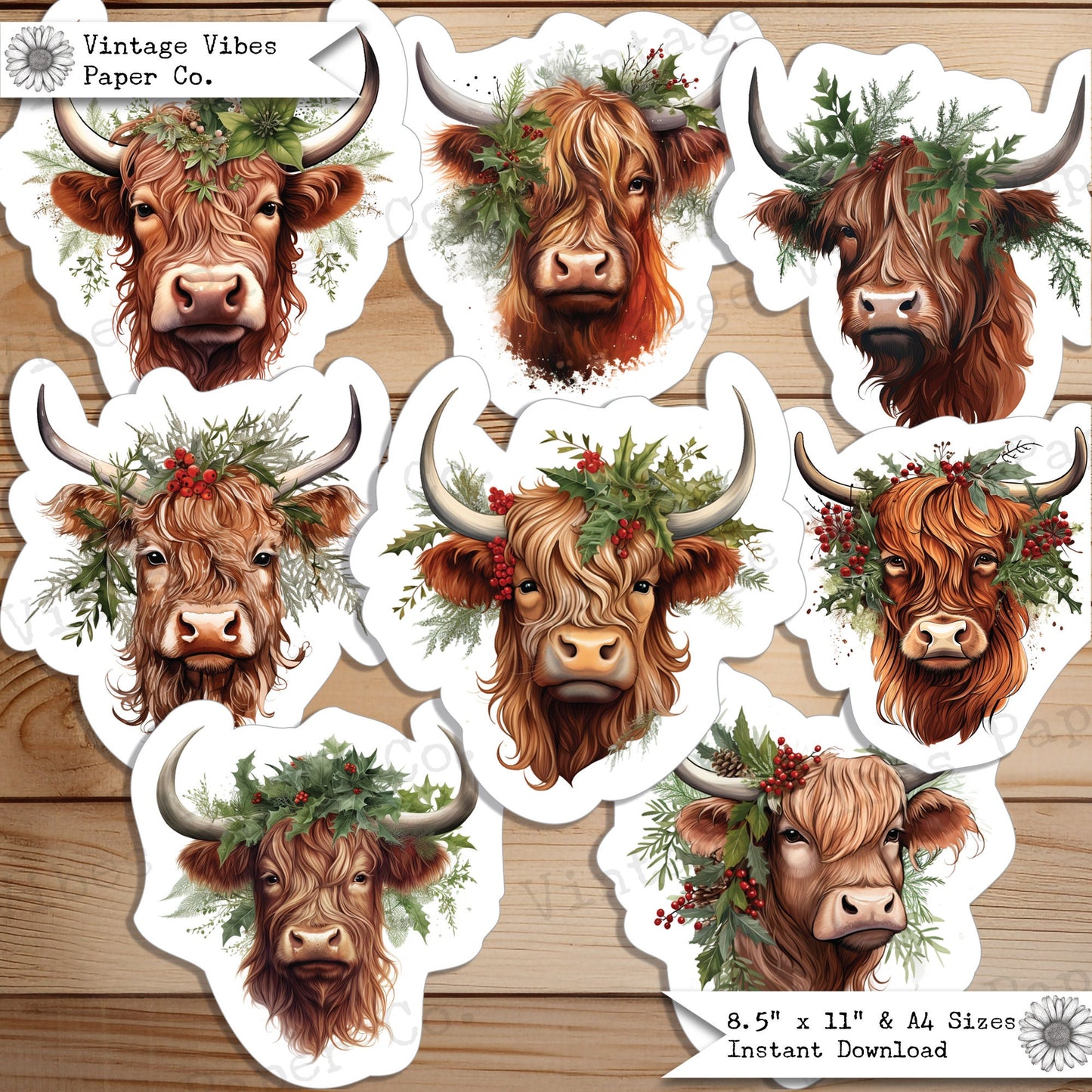 Christmas highland cow junk journal fussy cut ephemera sheets, festive farmyard theme junk journal digital printable ephemera pack