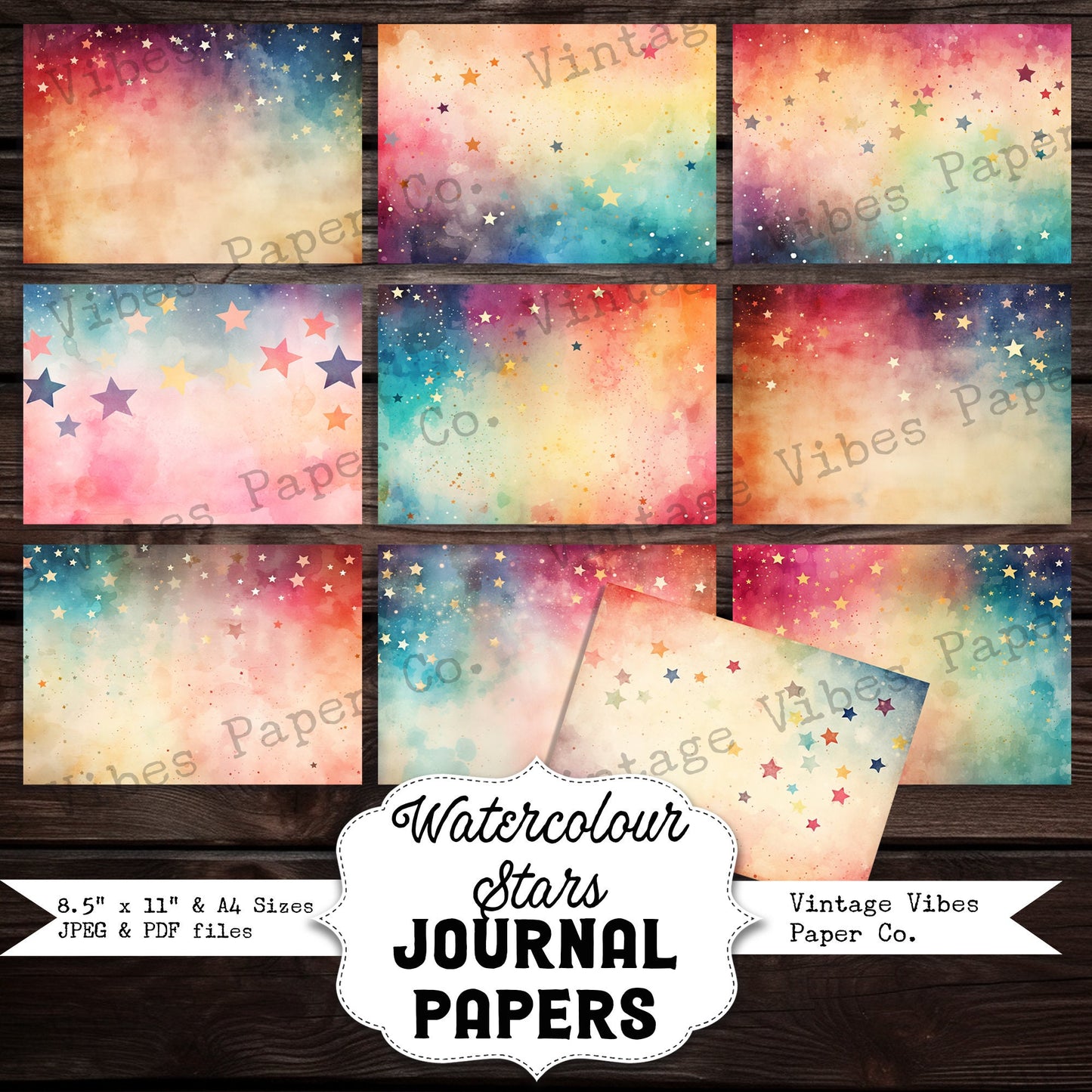 Junk journal watercolour printable papers, digital paper pack, cosmic galaxy star, instant download, space journal celestial sky grunge star